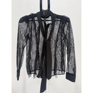 Zara Womens Black Sheer Floral Lace Tie Neck Button Down Blouse Top XS